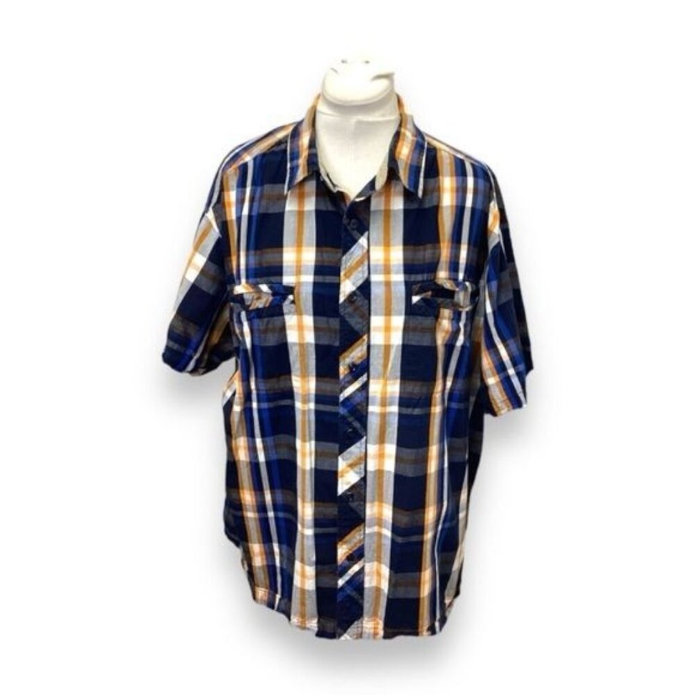 Phys.Sci. Mens XL Madras Plaid Short Sleeve Button-Up Shirt Navy/Orange Cotton